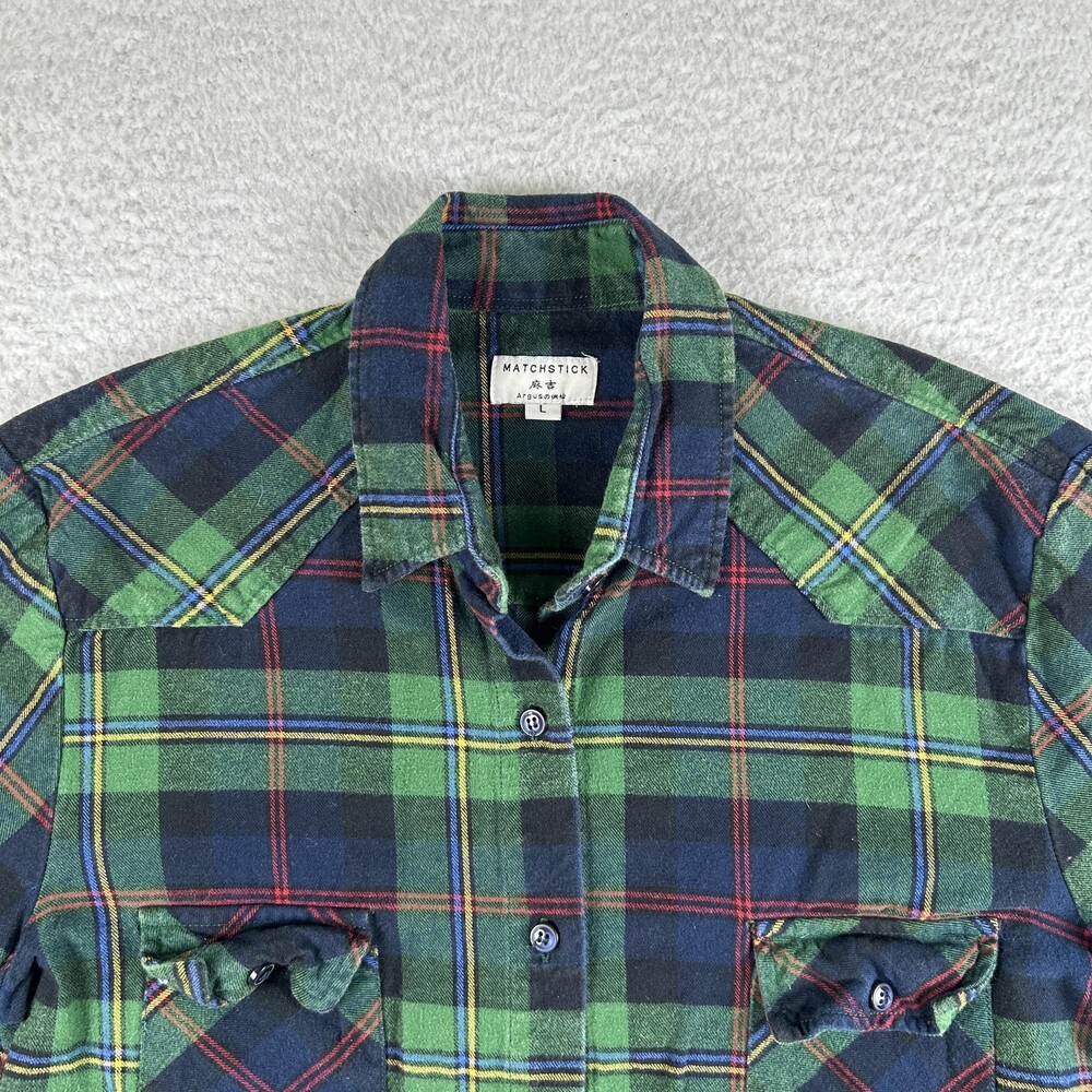 Matchstick Shirt Womens Large Green Navy Plaid Flannel Button Front Long Sleeve - Picture 4 of 13